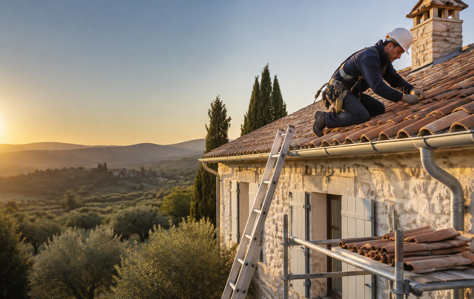 Artisan intervenant sur la toiture d’une maison